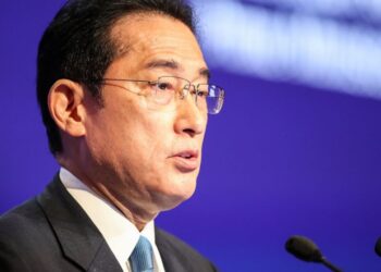 Prime Minister of Japan, Fumio Kishida delivers the keynote speech of the forum at the Shangri La Hotel during the 19th International Institute for Strategic Studies (IISS) Shangri-la Dialogue, an annual defence and security forum in Asia, in Singapo