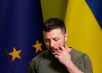 Ukraine President Volodymyr Zelenskyy leaves after a joint press conference with European Commission President Ursula von der Leyen in Kyiv, Ukraine, Saturday, June 11, 2022. Von der Leyen is making her second visit to Ukraine since Russia invaded it