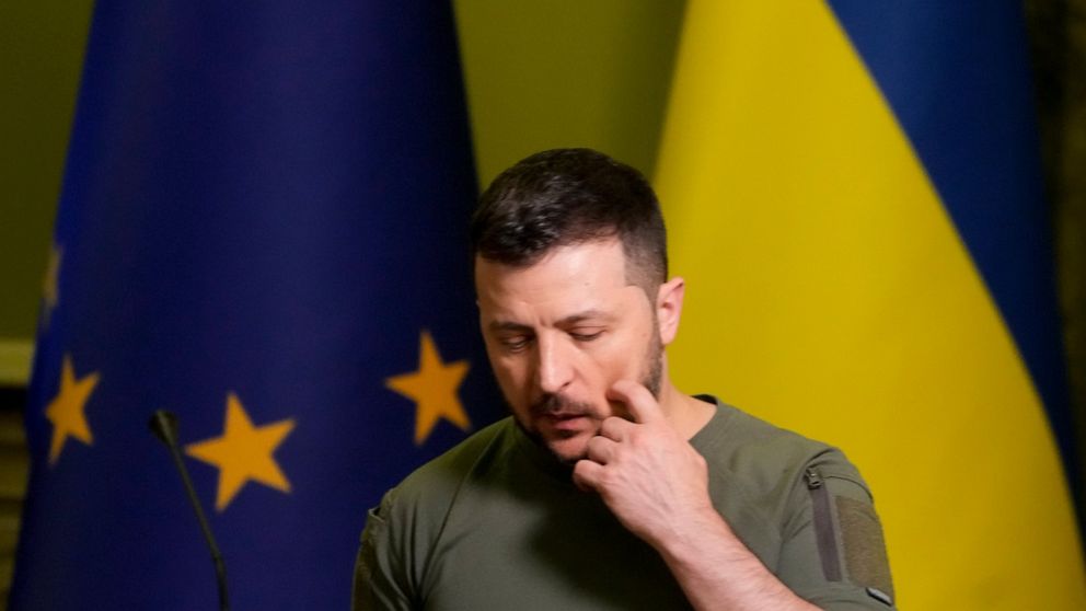 Ukraine President Volodymyr Zelenskyy leaves after a joint press conference with European Commission President Ursula von der Leyen in Kyiv, Ukraine, Saturday, June 11, 2022. Von der Leyen is making her second visit to Ukraine since Russia invaded it