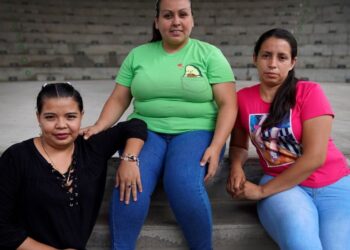 Imelda, left, Cinthia Rodriguez, center, and Karen, all formerly arrested on suspicion of inducing an abortion, sit for a portrait in San Salvador, El Salvador, on Tuesday, May 17, 2022. The three are among the 65 women who have been freed with the h