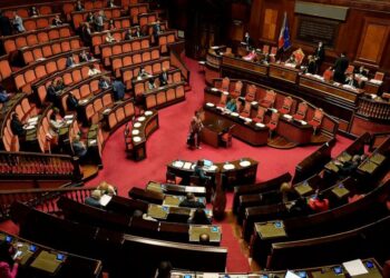 FILE -- A view of Senate, before voting at a decree on various economics matters, in Rome, Thursday, July 14, 2022. The stability of Italian Premier Mario Draghi's coalition government is at risk because 5-Star lawmakers say they will not participate