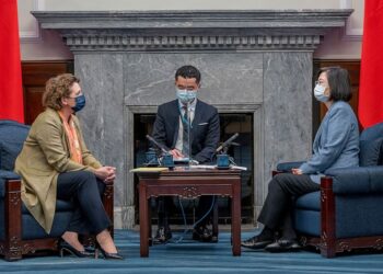 In this photo released by the Taiwan Presidential Office, Taiwan's President Tsai Ing-wen, right, meets with European Parliament Vice President Nicola Beer at the Presidential Office in Taipei, Taiwan on Wednesday, July 20, 2022. (Taiwan Presidential