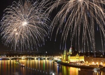 Fireworks explode above the River Danube as part of the postponed celebrations of the country's major national holiday in downtown Budapest, Hungary, Saturday, Aug. 27, 2022. Each year on 20th August Hungarians commemorate the foundation of their sta