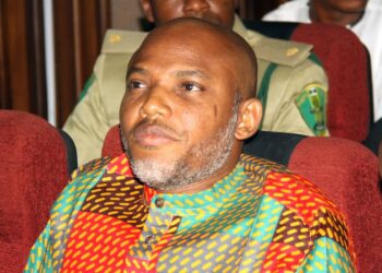 FILE - Biafran separatist leader Nnamdi Kanu, listens to court proceedings at the Federal High court in Abuja, Nigeria on Jan. 29, 2016. A Nigerian separatist leader accused of terrorism and instigating violence in the country's southeast has been ac