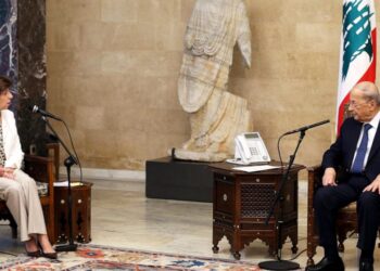 In this photo released by Lebanon's official government photographer Dalati Nohra, Lebanese President Michel Aoun, right, meets with French Foreign Minister Catherine Colonna at the presidential palace in Beirut, Lebanon, Friday, Oct. 14, 2022. Colon